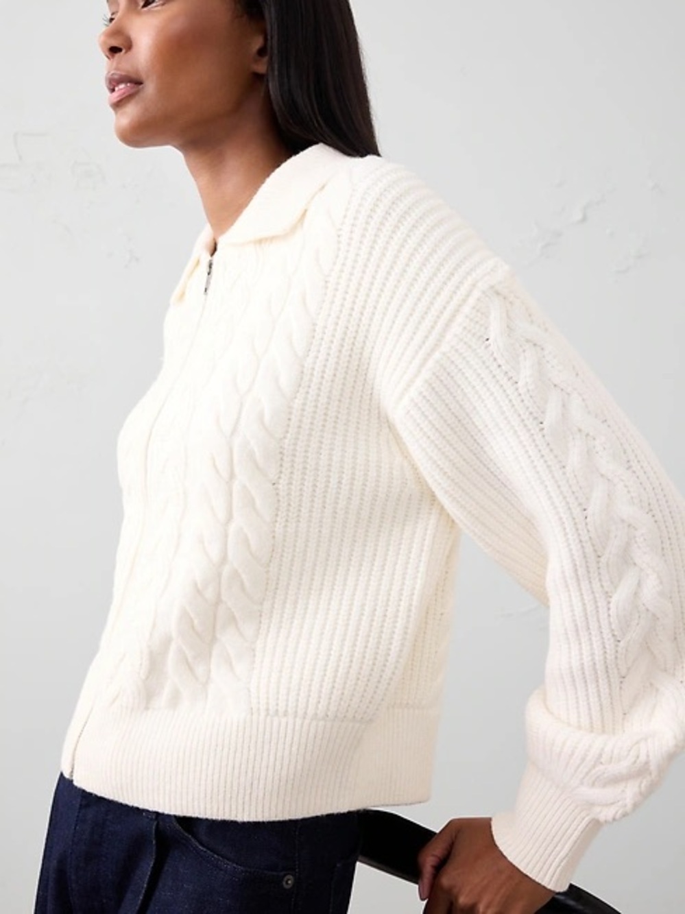 Banana Republic Cream Cable Zip Collared Cardigan